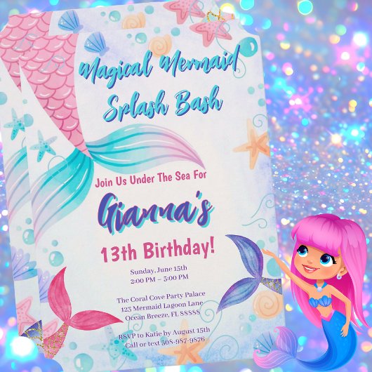 ピンクパープルティール(緑がかった色)マーメイドスプラッシュ誕生日パーティー 招待状