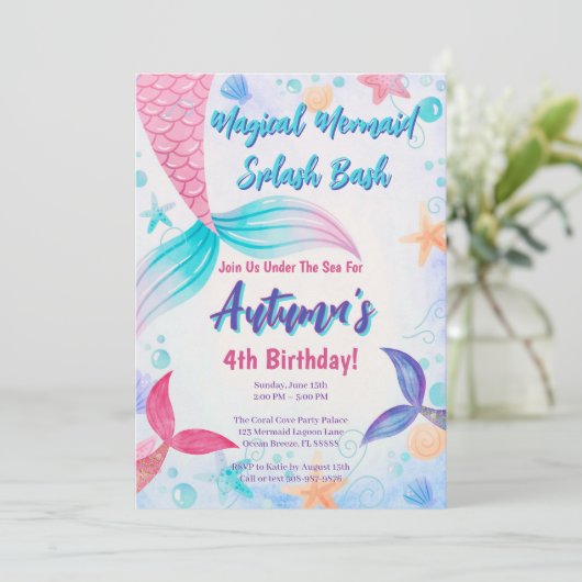 ピンクパープルティール（緑がかった色）マーメイドテールバースデーパーティー 招待状 (スタンド正面)