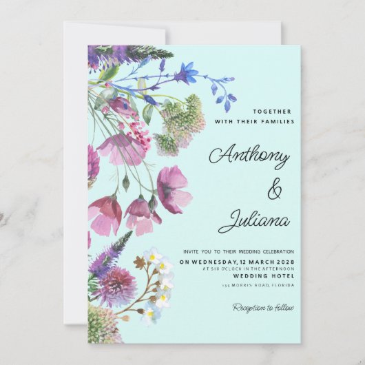 ピンクパープルティール(緑がかった色)ワイルドフラワーサマー結婚ズ 招待状 (正面)
