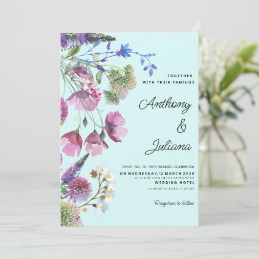 ピンクパープルティール（緑がかった色）ワイルドフラワーサマー結婚ズ 招待状 (スタンド正面)