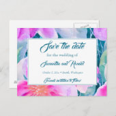 ピンクパープルティール（緑がかった色）水彩結婚式の日付を保存 案内ポストカード (正面/裏面)