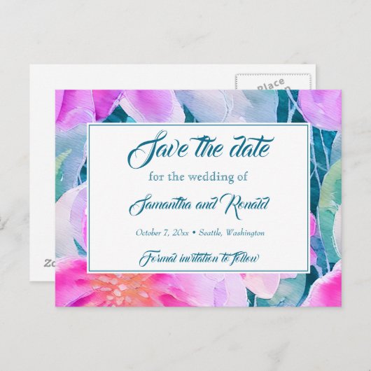 ピンクパープルティール（緑がかった色）水彩結婚式の日付を保存 案内ポストカード (正面/裏面)