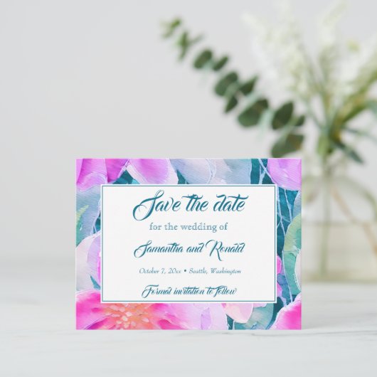 ピンクパープルティール（緑がかった色）水彩結婚式の日付を保存 案内ポストカード (スタンド正面)