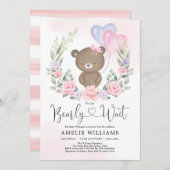 ピンクパープルテディベアバルーンガールベイビーシャワー 招待状 (正面/裏面)