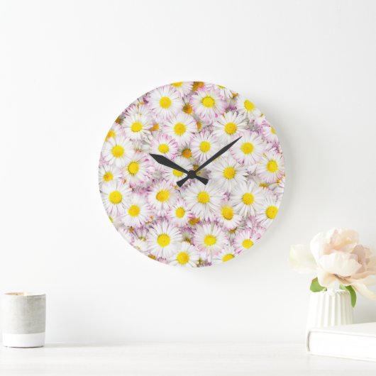ピンクパープルデイジーの花柄 ラージ壁時計 (ホーム)