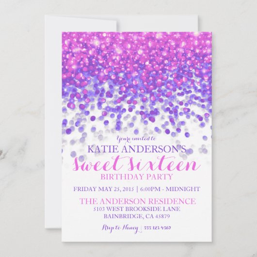 ピンクパープルハリウッドグリッターSweet sixteenパーティー 招待状 (正面)