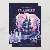 ピンクパープルハロウィーンスプコクタキュラパーティー 招待状 (正面/裏面)