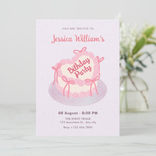 ピンクパープルハートお誕生日ケーキ 招待状 (スタンド正面)