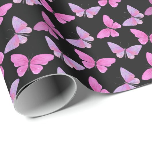ピンクパープルバタフライウォーターシンプルカラー黒 ラッピングペーパー (ロールコーナー)