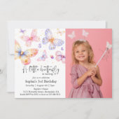 ピンクパープルバタフライオールエイジズフォト誕生日 招待状 (正面)