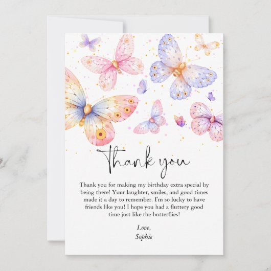 ピンクパープルバタフライガールオールエイジ誕生日 サンキューカード (正面)
