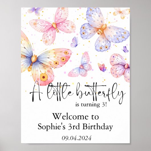 ピンクパープルバタフライガールオールエイジ誕生日 ポスター (正面)