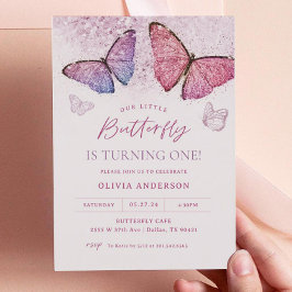 ピンクパープルバタフライガールファースト誕生日パーティー 招待状