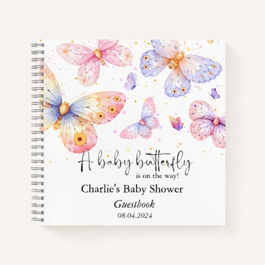 ピンクパープルバタフライガールベビーシャワーゲストブック ノートブック (正面)