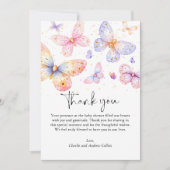 ピンクパープルバタフライガールベビーシャワー サンキューカード (正面)
