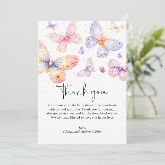 ピンクパープルバタフライガールベビーシャワー サンキューカード (スタンド正面)