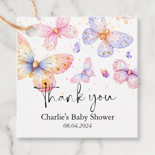 ピンクパープルバタフライガールベビーシャワー フェイバータグ (正面)