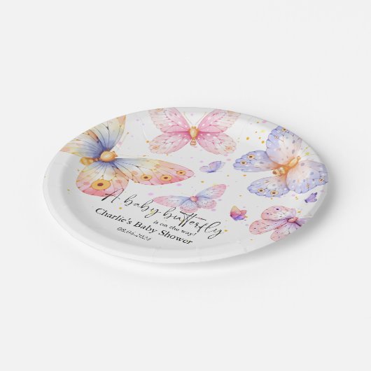 ピンクパープルバタフライガールベビーシャワー ペーパープレート (アングル)