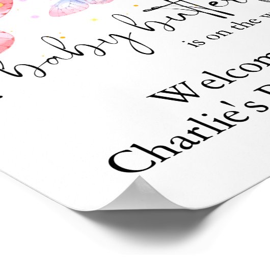 ピンクパープルバタフライガールベビーシャワー ポスター (角)