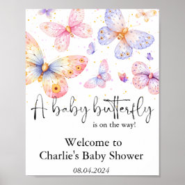 ピンクパープルバタフライガールベビーシャワー ポスター