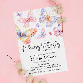 ピンクパープルバタフライガールベビーシャワー 招待状