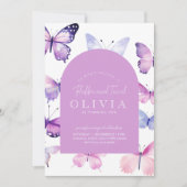 ピンクパープルバタフライガール1st誕生日パーティー 招待状 (正面)