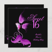 ピンクパープルバタフライスウィート16パーティー 招待状 (正面/裏面)
