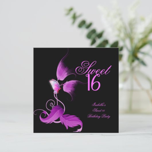 ピンクパープルバタフライスウィート16パーティー 招待状 (スタンド正面)