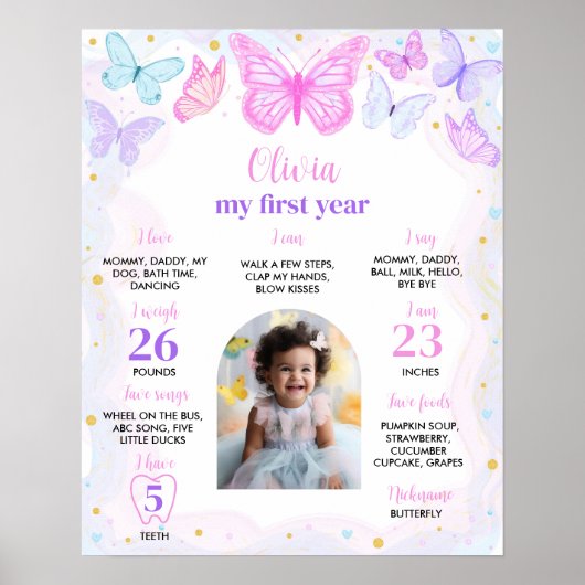 ピンクパープルバタフライファースト誕生日マイルストーン位置 ポスター (正面)