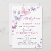 ピンクパープルバタフライファースト誕生日招待状 招待状 (正面)