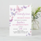 ピンクパープルバタフライファースト誕生日招待状 招待状 (スタンド正面)