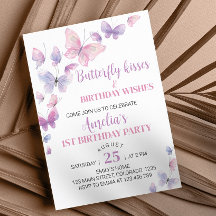 ピンクパープルバタフライファースト誕生日招待状