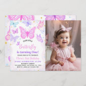 ピンクパープルバタフライファースト誕生日招待状 招待状 (正面/裏面)