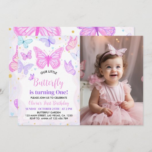 ピンクパープルバタフライファースト誕生日招待状 招待状 (正面/裏面)