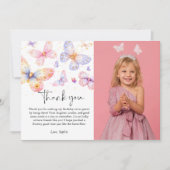 ピンクパープルバタフライフォトオールエイジ誕生日 サンキューカード (正面)