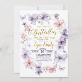ピンクパープルバタフライフローラツインズベビーシャワー 招待状 (正面)