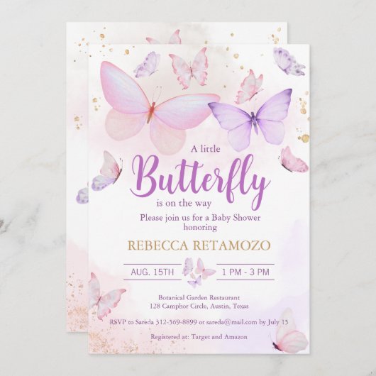 ピンクパープルバタフライベビーシャワー招待状 招待状 (正面/裏面)