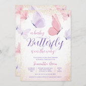 ピンクパープルバタフライベビーシャワー 招待状 (正面/裏面)
