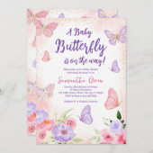 ピンクパープルバタフライベビーシャワー 招待状 (正面/裏面)