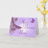 ピンクパープルバタフライ誕生日カード カード (黄色い花)