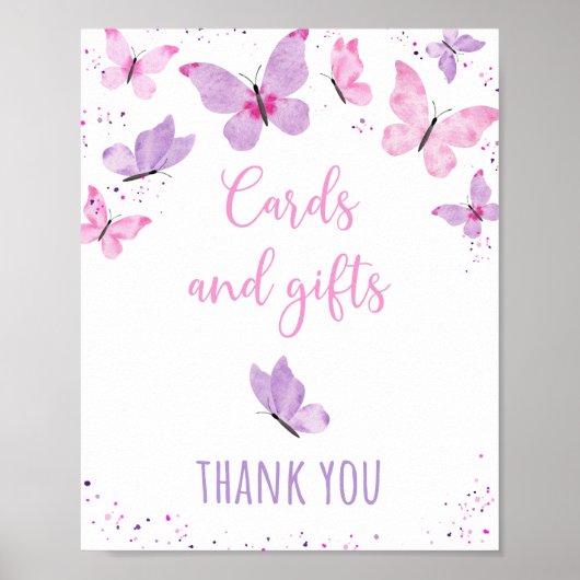 ピンクパープルバタフライ誕生日ギフトサイン ポスター (正面)