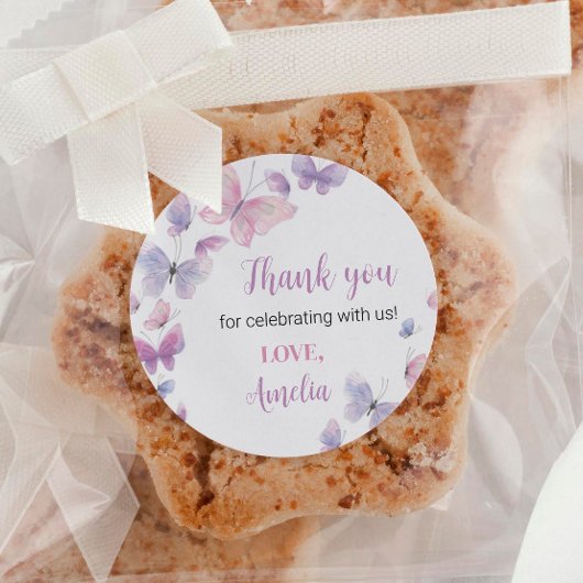 ピンクパープルバタフライ誕生日ステッカーラベル ラウンドシール