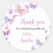 ピンクパープルバタフライ誕生日ステッカーラベル ラウンドシール (正面)