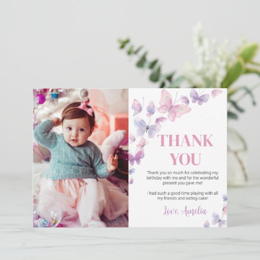 ピンクパープルバタフライ誕生日写真ありがとう サンキューカード (スタンド正面)
