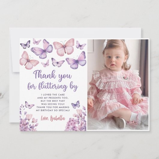 ピンクパープルバタフライ誕生日写真 サンキューカード (正面)