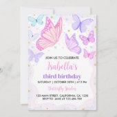 ピンクパープルバタフライ誕生日招待状 招待状 (正面)