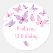 ピンクパープルバタフライ誕生日 ラウンドシール (正面)