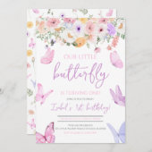 ピンクパープルバタフライ誕生日 招待状 (正面/裏面)