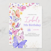 ピンクパープルバタフライ誕生日 招待状 (正面/裏面)
