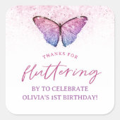 ピンクパープルバタフライ1st誕生日お願い スクエアシール (正面)